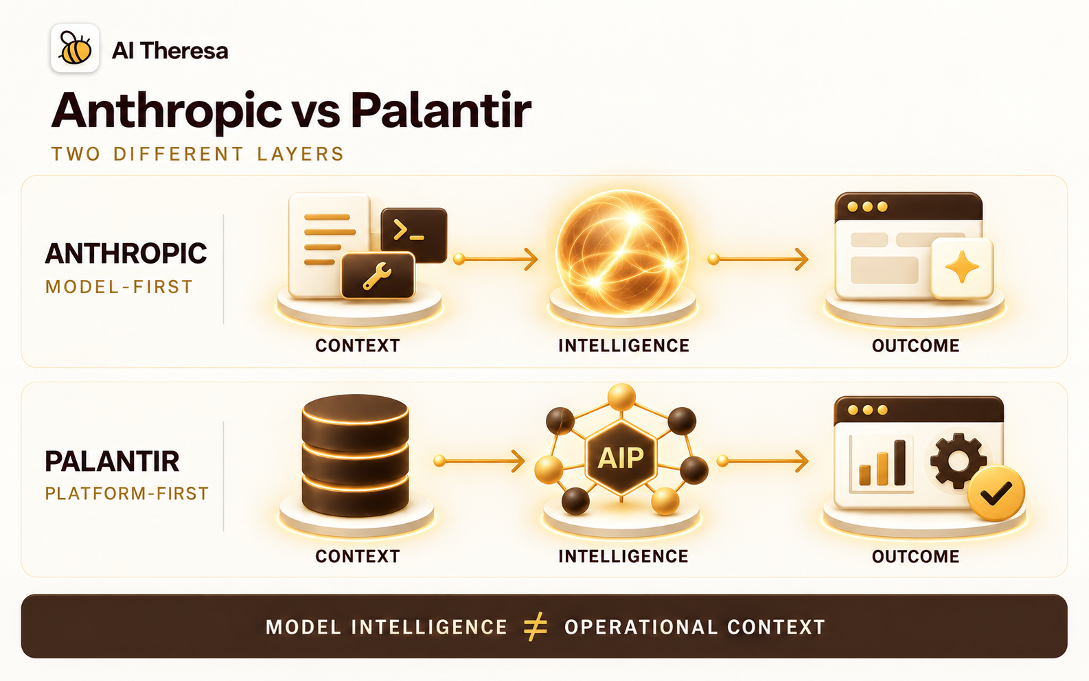 Figure 2. Anthropic follows a model-first path from application context through Claude to an AI application, while Palantir follows a platform-first path from enterprise data through Ontology and AIP to operational outcomes.